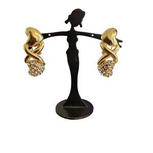 Vintage Gold Tone Heart Dangle Earrings Pierced Rhinestones 1.25" Estate 7.24g